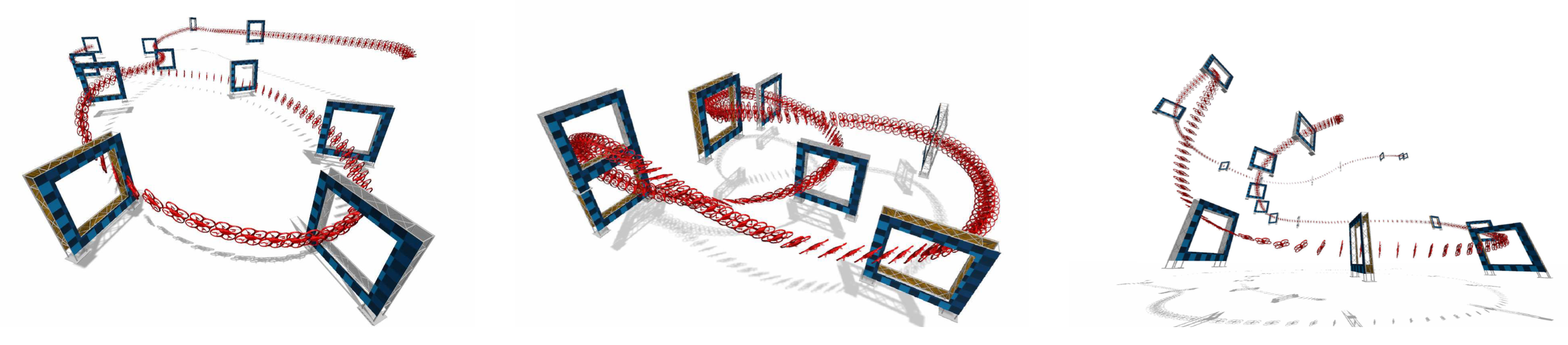 세 가지 다른 레이스 트랙에서 고속으로 주행하는 쿼드로터 궤적. AlphaPilot (왼쪽), Split-S (중앙), AirSim (오른쪽)